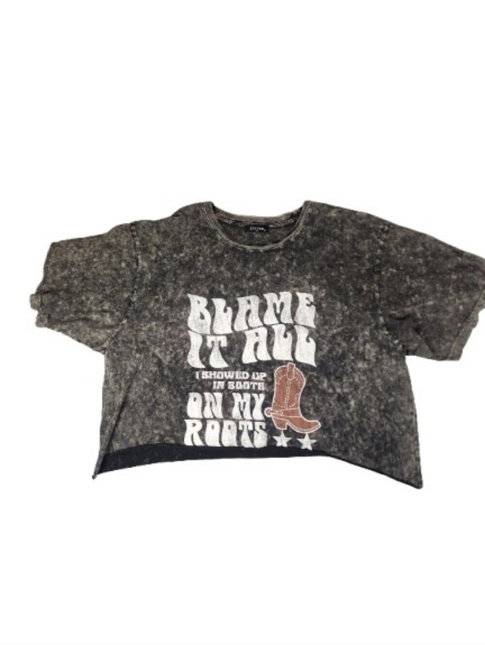 Zutter Blame It All On My Roots Womes Cropped Tee Size Large Swirl Gray Black